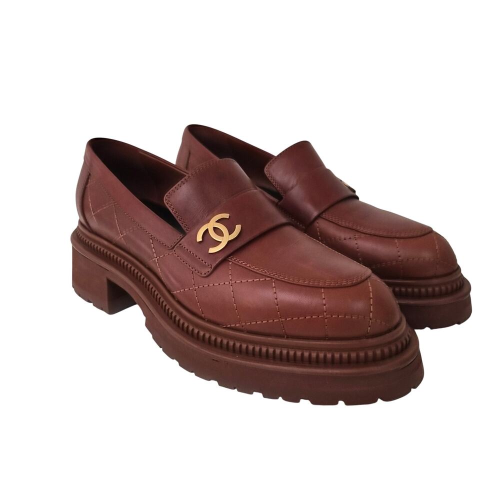 Chanel 2023 Calfskin Quilted CC Platform Loafers Light Brown US 8 / EU 38